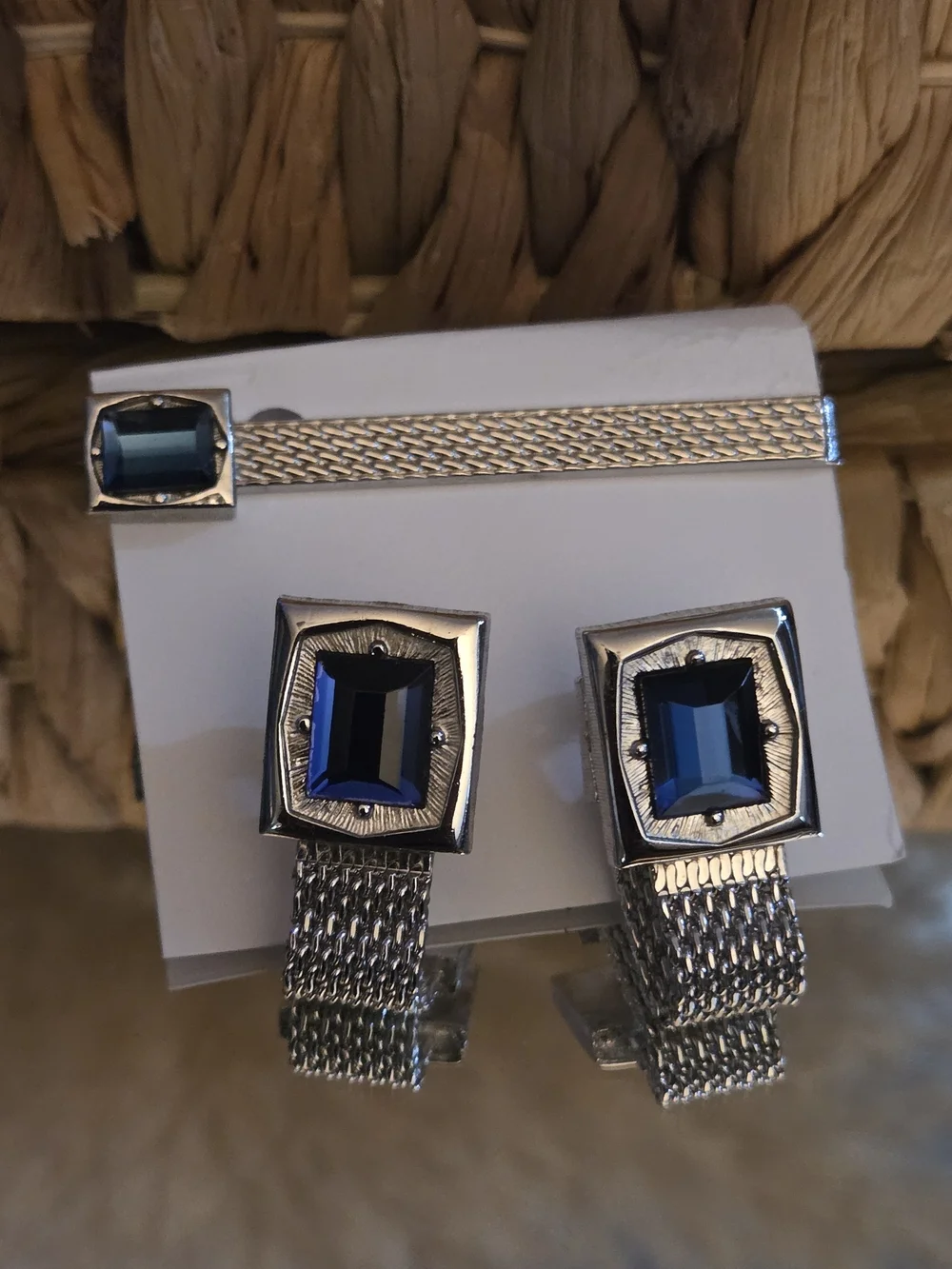 SWANK Vintage 1960s Blue Stone Mesh Cufflinks & Tie Bar Set